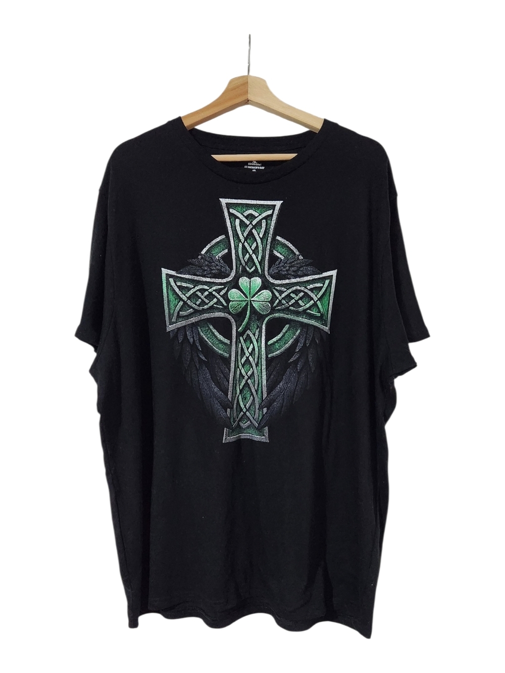 Black T-Shirt with Green Celtic Cross Graphic - Picture 1 of 4